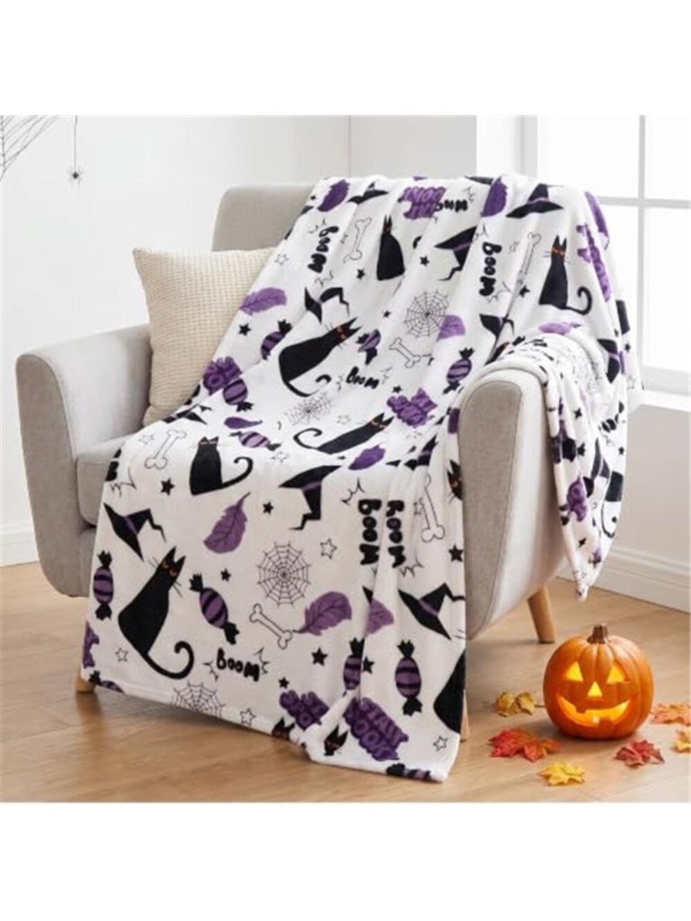 Halloween Throw Blanket - Halloween Black Candy Cat, Ultra-Soft Plush